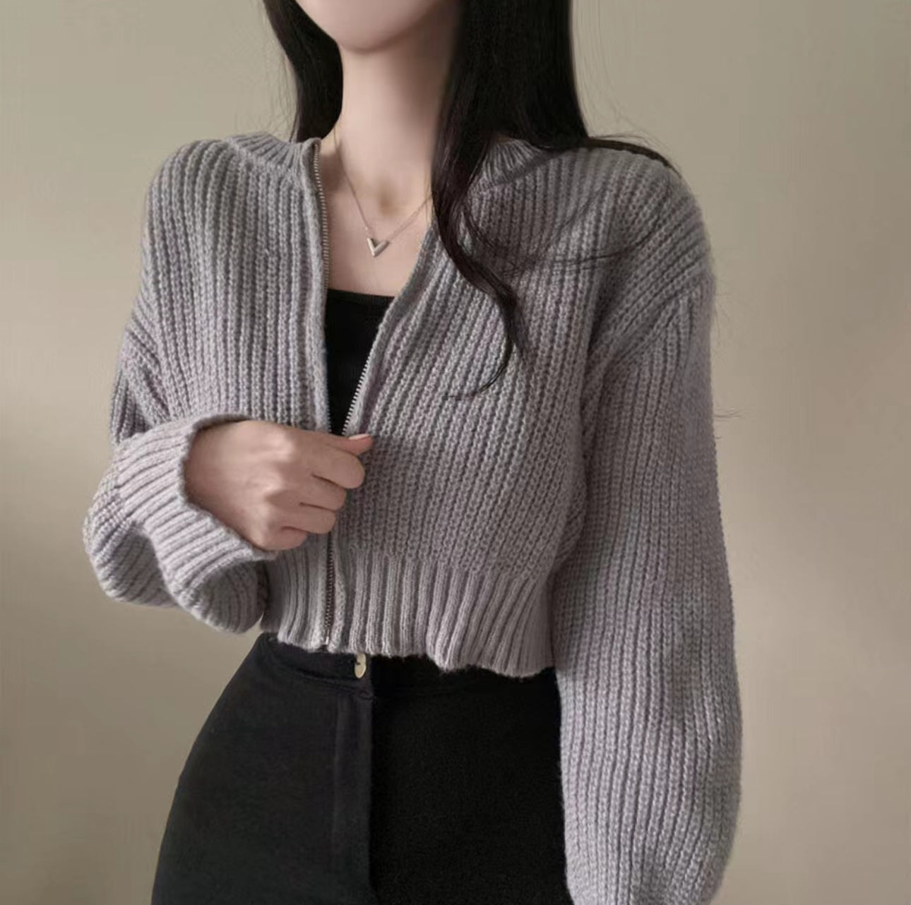 (🌎 PRODUCTO INTERNACIONAL) Suéter Mujer Cierre Corto Cuello Redondo Tejido Sólido