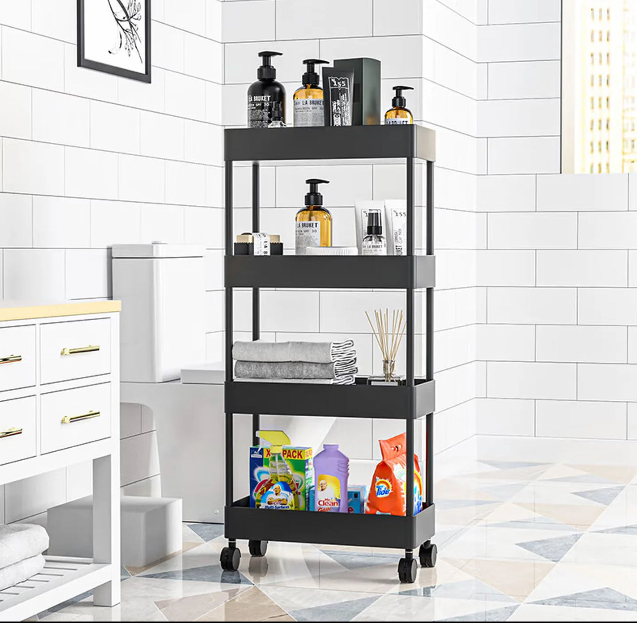 Estante de almacenamiento con ruedas de cuatro capas para cocina, dormitorio, sala de estar, juguetes para refrigerios, baño, inodoro