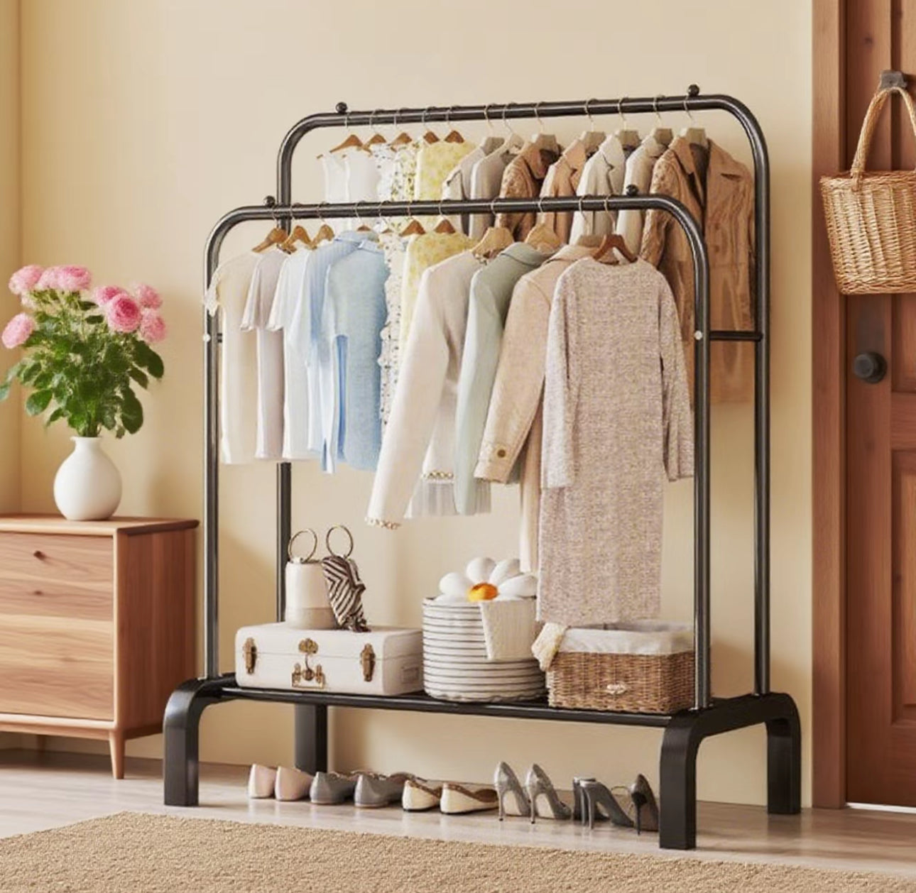 Percha de suelo para ropa, tendedero de doble poste, alto y bajo, para almacenamiento, zapatero, para el hogar, dormitorio, tendedero