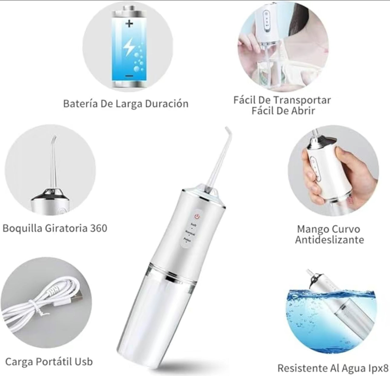 Irrigador bucal eléctrico inalámbrico, recargable e impermeable. Irrigador bucal portatil para la limpieza dental. Irrigador bucal inalámbrico con 3 modos y 4 puntas para viajes y uso doméstico.