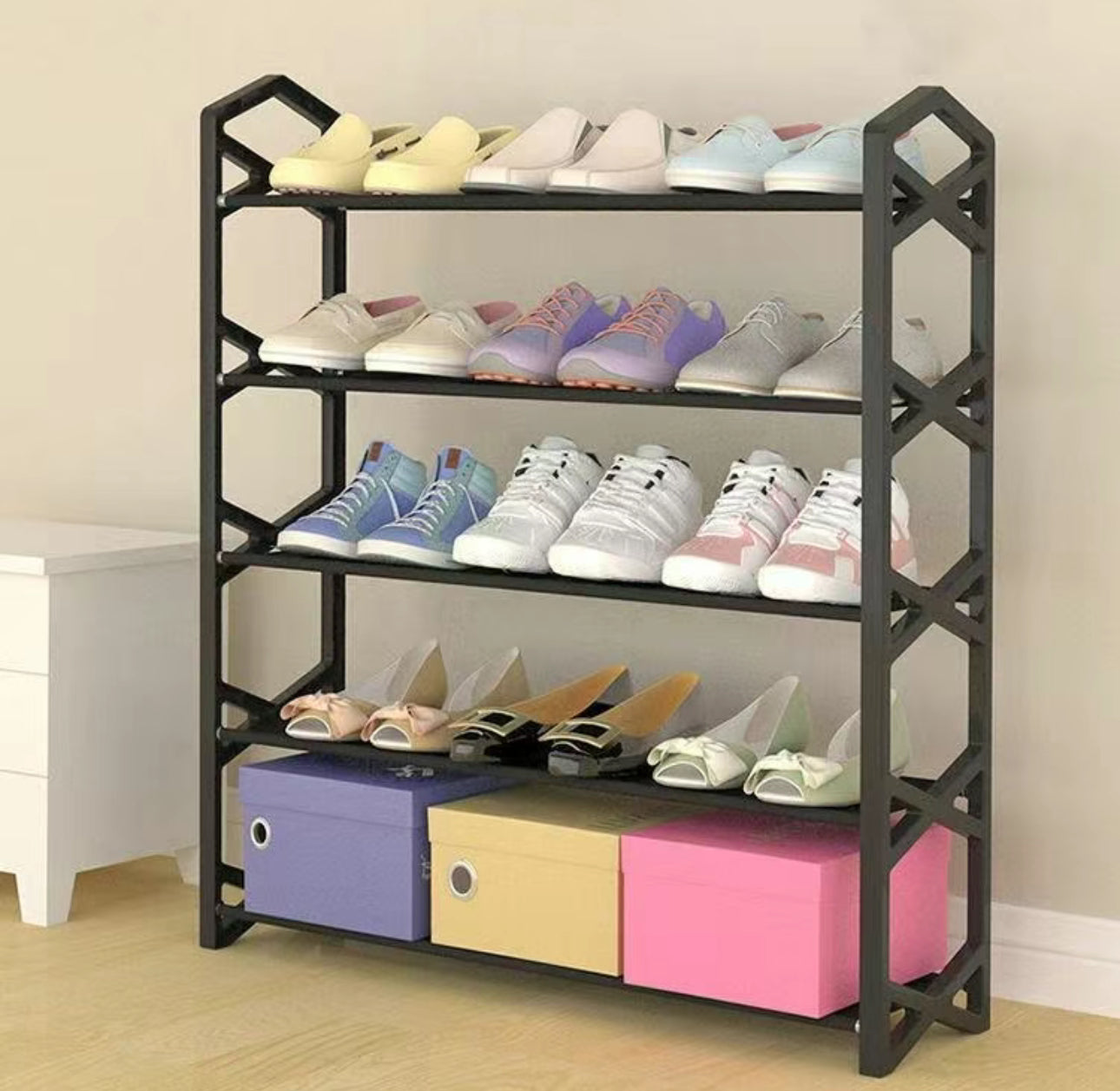 N+ F-056 Estante para zapatos de 5 y 4 niveles en forma de X 58cm Negro Azul y Rosa