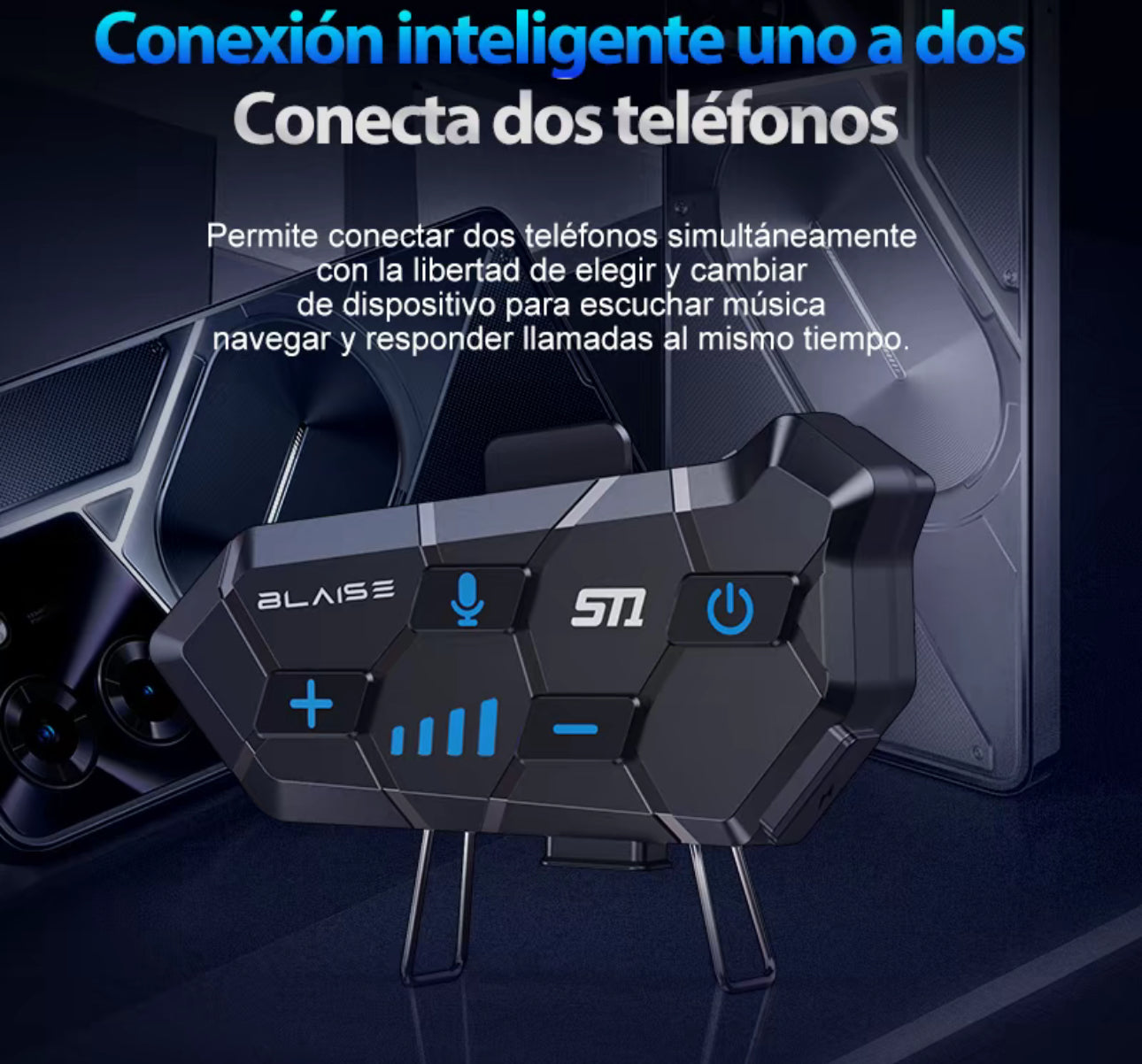 Blaise ST1 Audífono Manos Libres
Casco de Moto Headset Bluetooth 5.3
Impermeable IP56 Luces RGB Altavoz Inalámbrico con Micrófono Respuesta Automática y Control por Voz, no intercom, 1pc