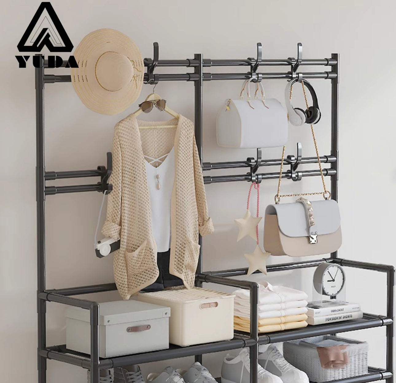 Zapatero Multifuncional de 2 Filas y 6 Capas con Perchero de Pie a Prueba de Polvo para Dormitorio y Almacenamiento