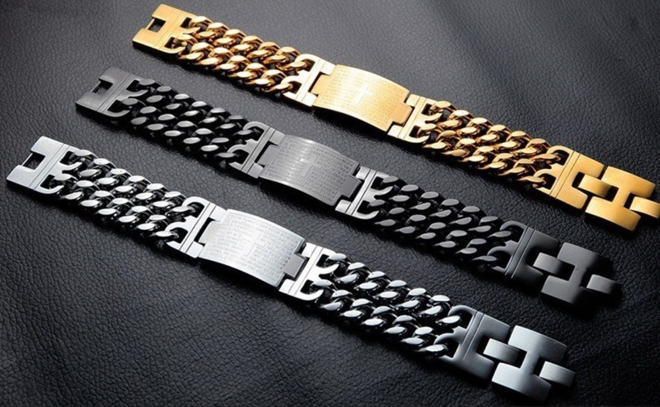 Nueva Pulsera Cruz Padre Nuestro Doble Acero Inoxidable B701