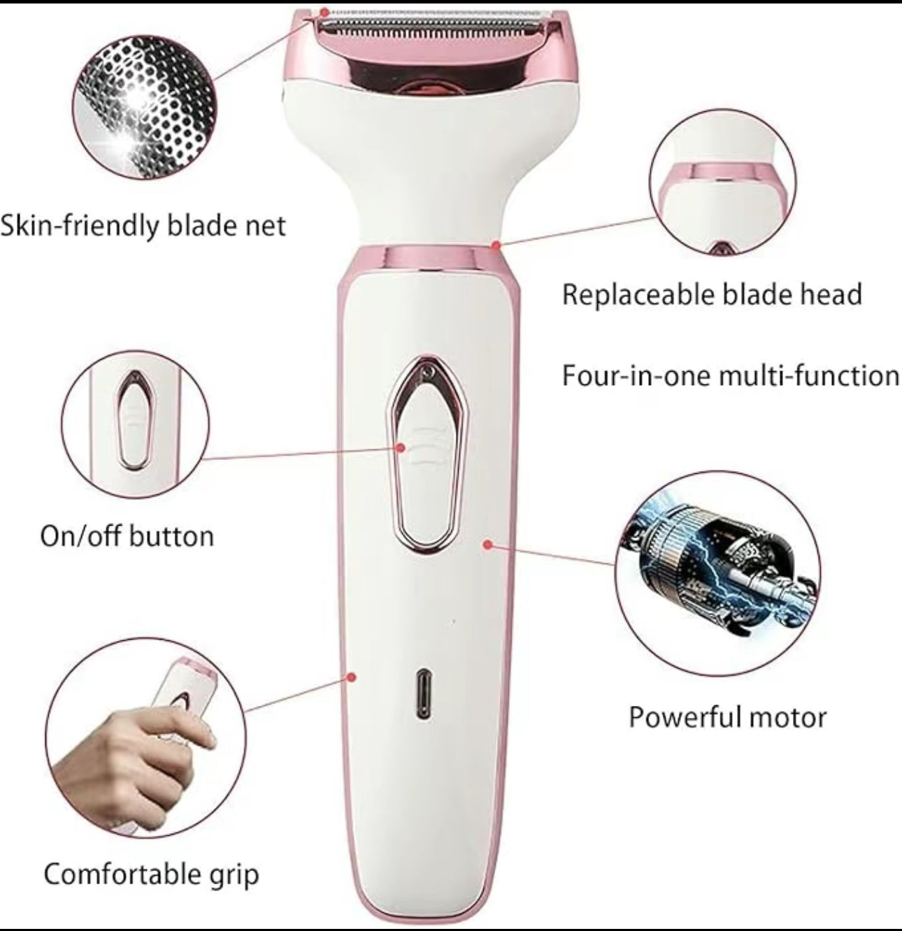 Depiladora eléctrica 4 en 1 para mujer con conexión inalámbrica USB: Afeita fácilmente el rostro, las axilas y la línea del bikini (rosa)