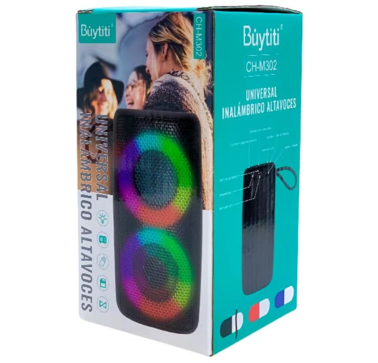 Bocina Bluetooth con Luz LED Material
Antiderrapante, Conexión TWS: vincula dos bocinas fácilmente CH-M302