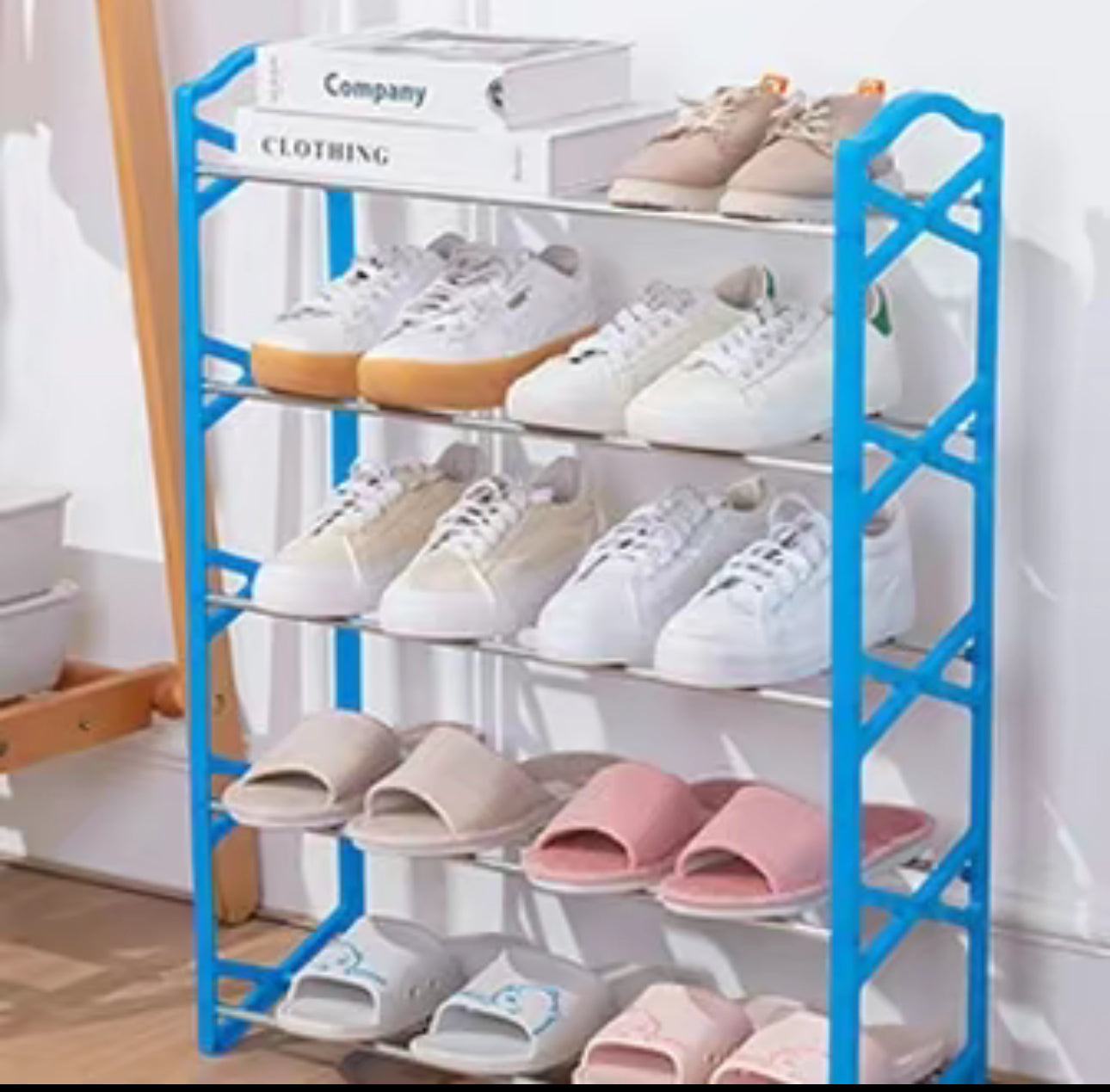 N+ F-056 Estante para zapatos de 5 y 4 niveles en forma de X 58cm Negro Azul y Rosa