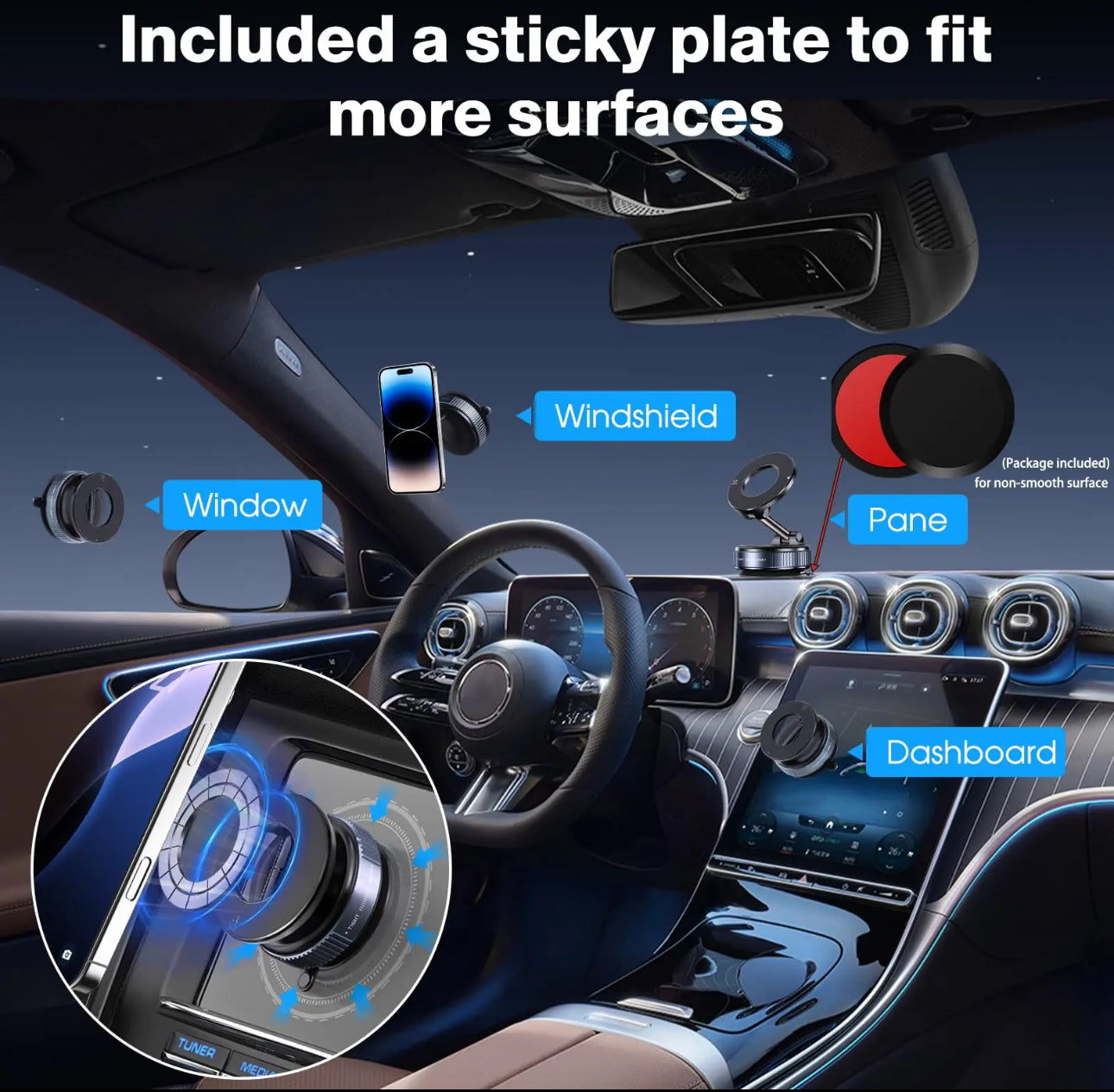 Soporte magnético de succión al aspiradora, Envío de placa magnética anular plegable y retráctil manos libres con ventosa para coche, gimnasio, espejo, superficie lisa, compatible con iPhone Android y todos los teléfonos