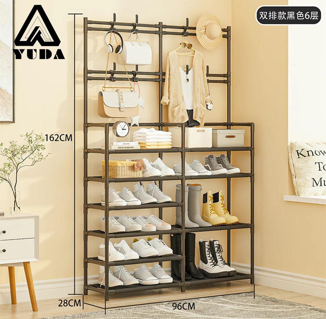 Zapatero Multifuncional de 2 Filas y 6 Capas con Perchero de Pie a Prueba de Polvo para Dormitorio y Almacenamiento