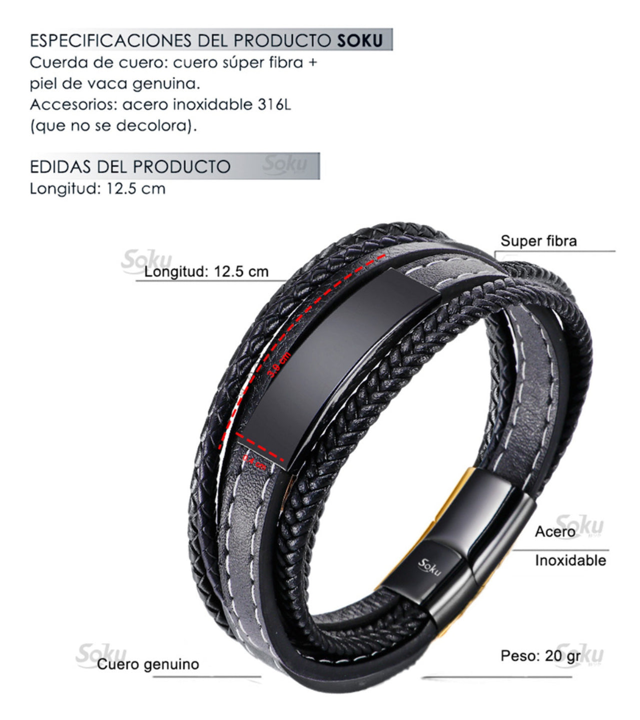 Soku Pulsera Personalizada Piel Acero Inoxidable Titanio Color Negro Diámetro 21 cm Largo 21 cm