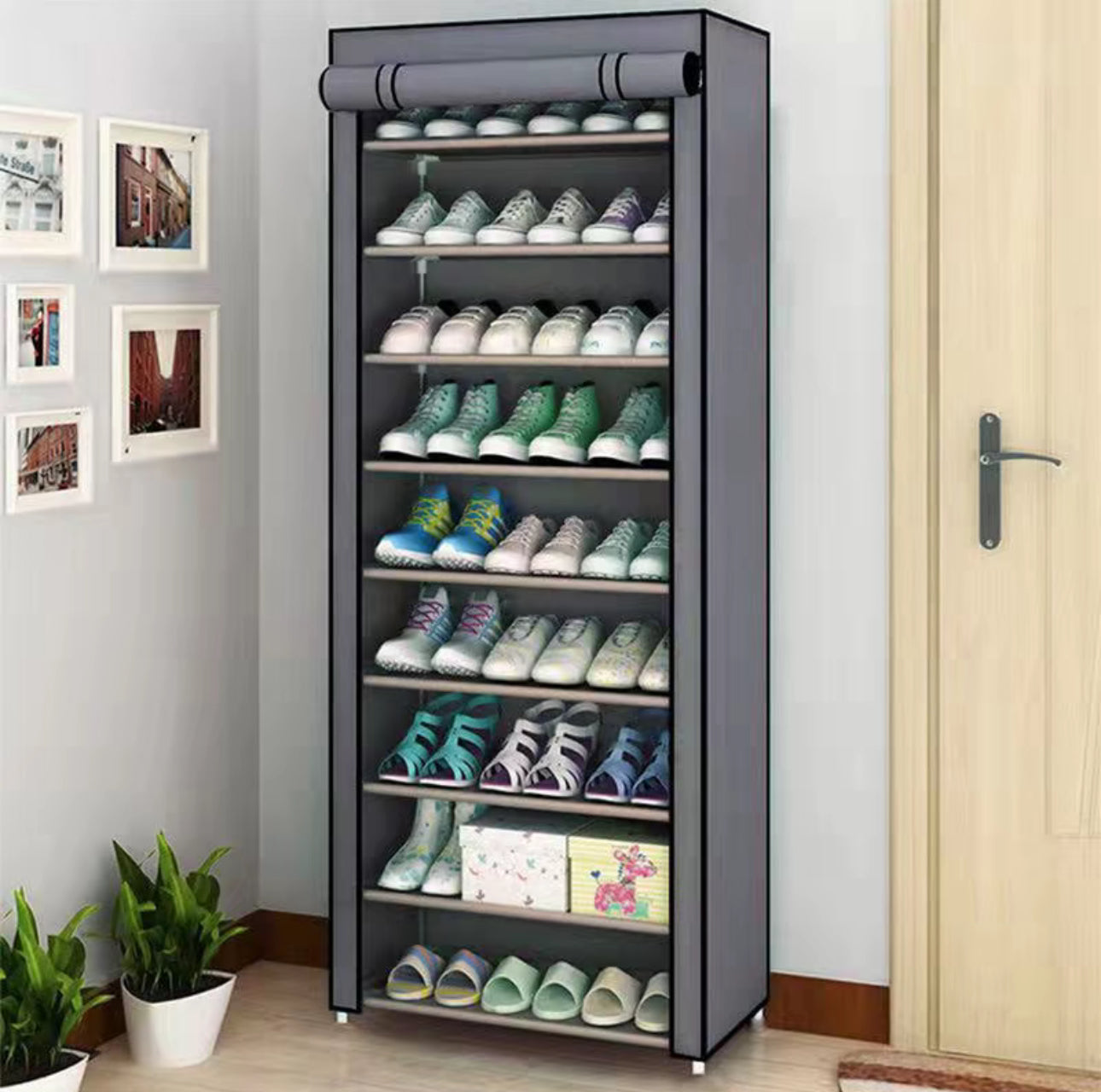 Zapatero de metal de 9 capas con cubierta antipolvo, caja de almacenamiento de zapatos no tejido de gran capacidad que ahorra espacio, adecuado para el almacenamiento de zapatos en el hogar y el dormitorio, fácil de monta
