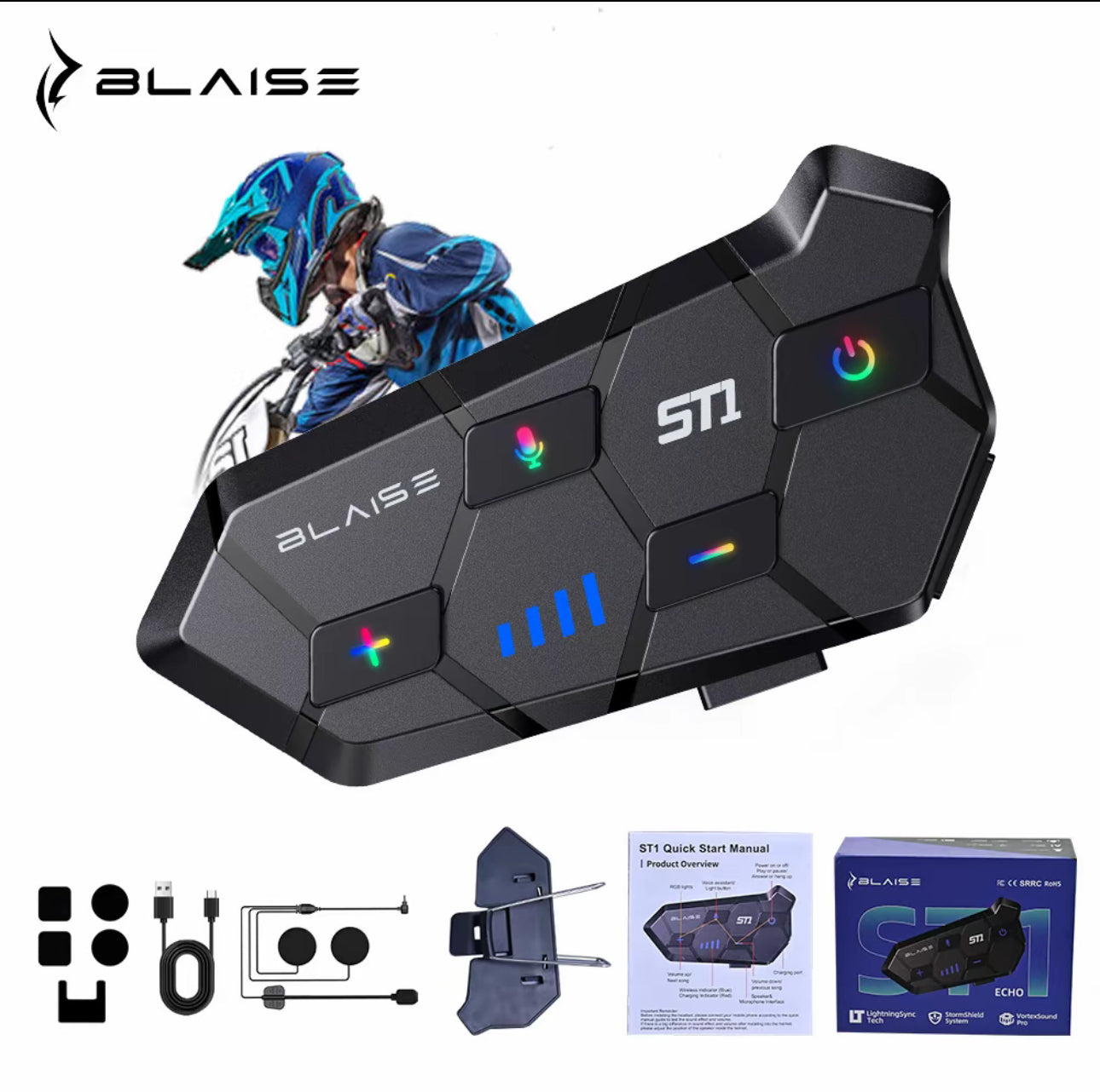 Blaise ST1 Audífono Manos Libres
Casco de Moto Headset Bluetooth 5.3
Impermeable IP56 Luces RGB Altavoz Inalámbrico con Micrófono Respuesta Automática y Control por Voz, no intercom, 1pc