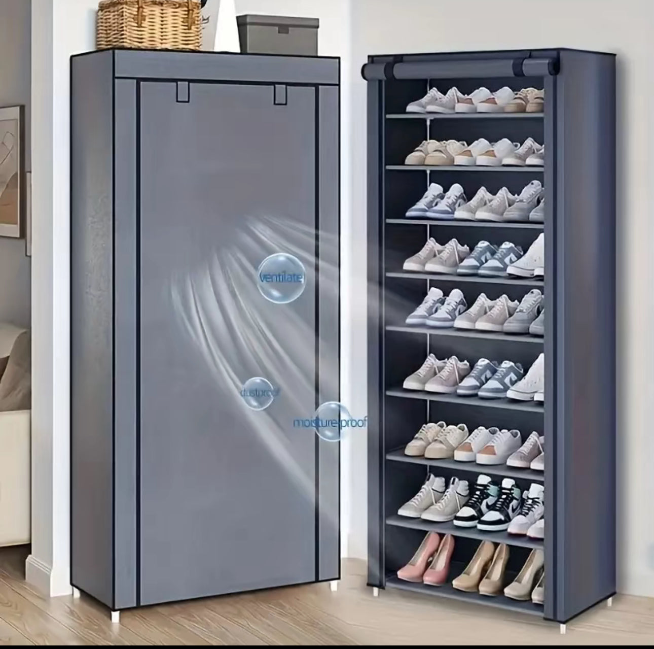 Zapatero de metal de 9 capas con cubierta antipolvo, caja de almacenamiento de zapatos no tejido de gran capacidad que ahorra espacio, adecuado para el almacenamiento de zapatos en el hogar y el dormitorio, fácil de monta