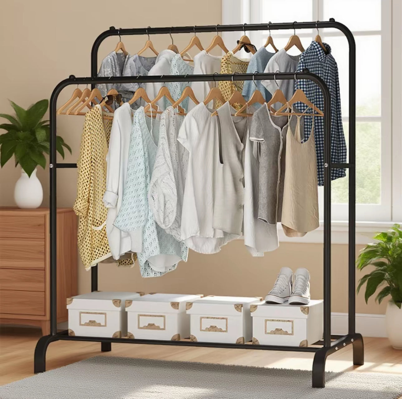 Percha de suelo para ropa, tendedero de doble poste, alto y bajo, para almacenamiento, zapatero, para el hogar, dormitorio, tendedero