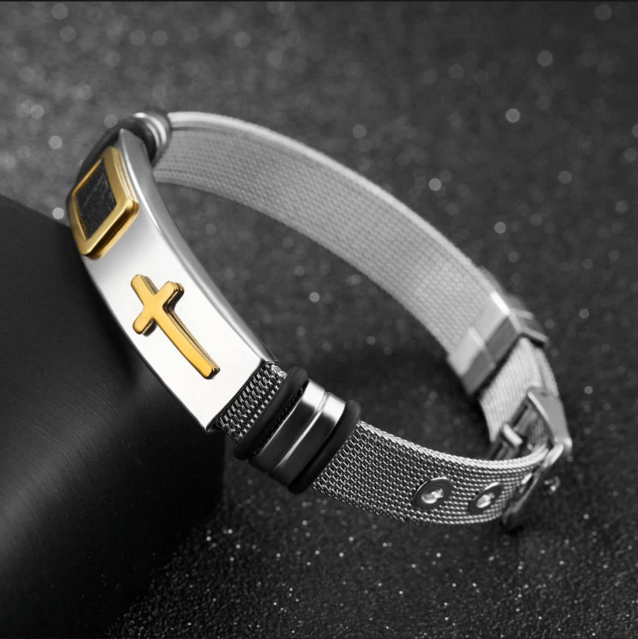 Pulsera Brazalete Acero Inoxidable Hombre Cruz Malla Inglesa
