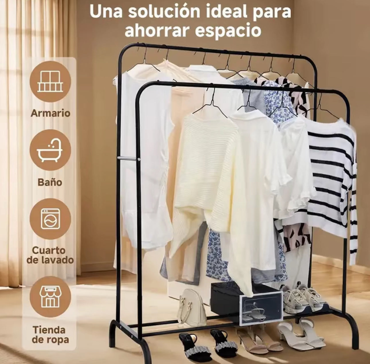 Percha de suelo para ropa, tendedero de doble poste, alto y bajo, para almacenamiento, zapatero, para el hogar, dormitorio, tendedero