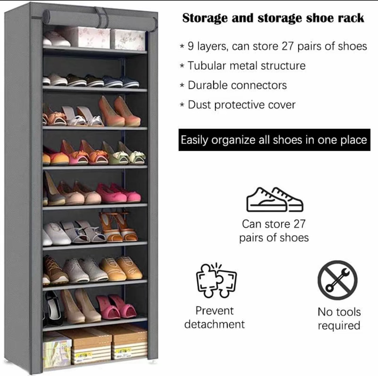 Zapatero simple para dormitorio de estudiantes, zapatero de nueve capas, zapatero de tela para dormitorio de alquiler, de gran capacidad, multicapa, a prueba de polvo, sin instalación, ahorro de espacio