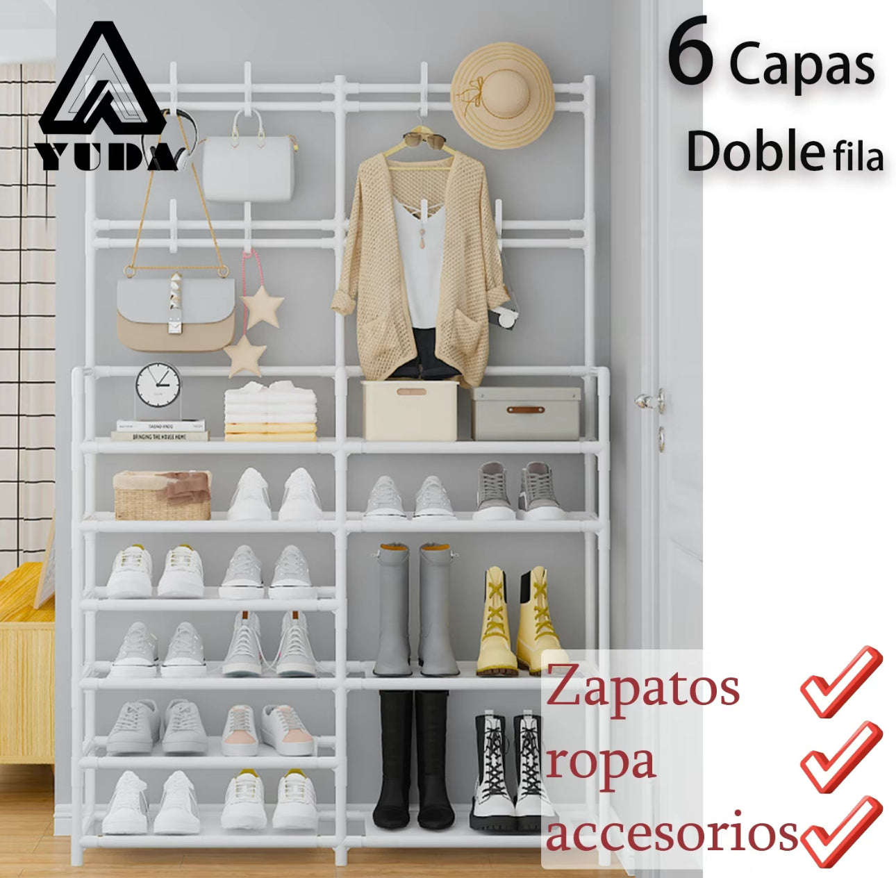 Zapatero Multifuncional de 2 Filas y 6 Capas con Perchero de Pie a Prueba de Polvo para Dormitorio y Almacenamiento