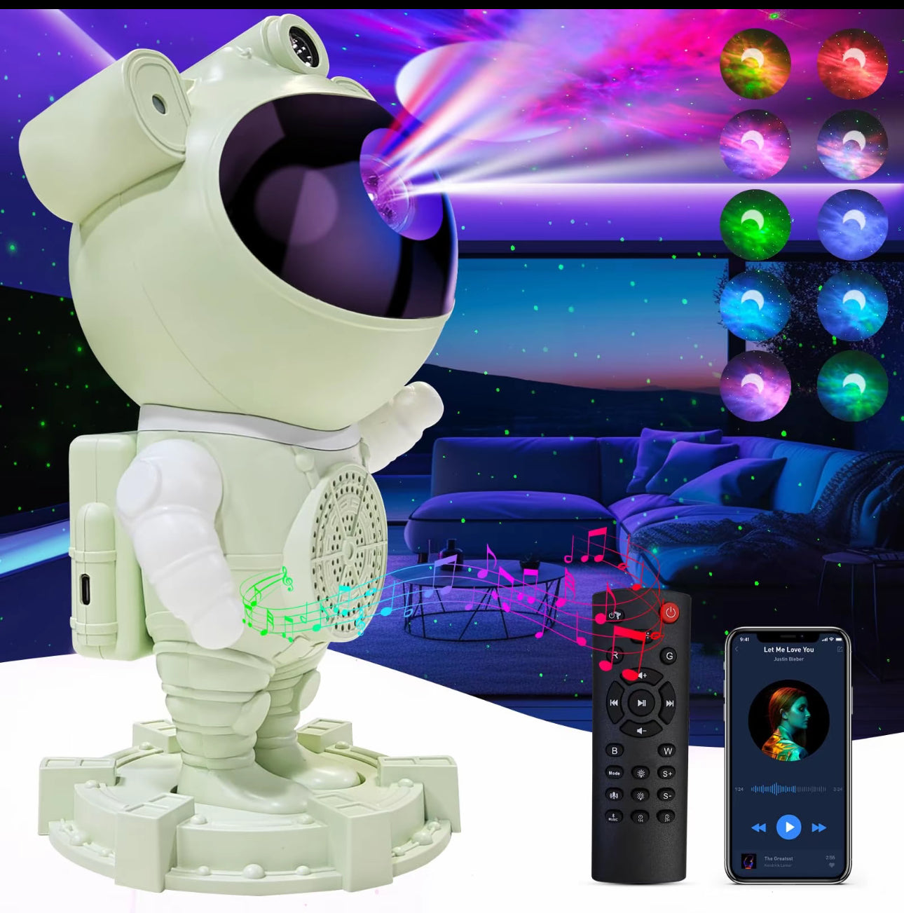 Proyector de galaxia, luz nocturna con control remoto de nebulosa, estrella y luna, ruido blanco Bluetooth, luces LED para recámara, Proyector de luz de astronauta, proyector de luz nocturna de galaxia con temporizador y control remoto, proyector de ciel