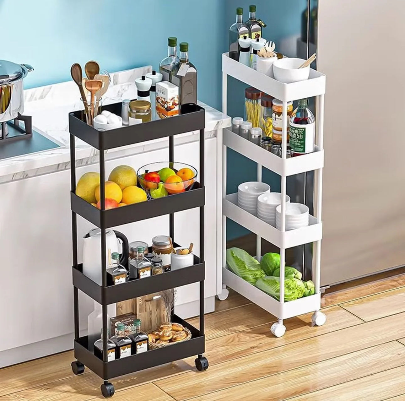 Estante de almacenamiento con ruedas de cuatro capas para cocina, dormitorio, sala de estar, juguetes para refrigerios, baño, inodoro