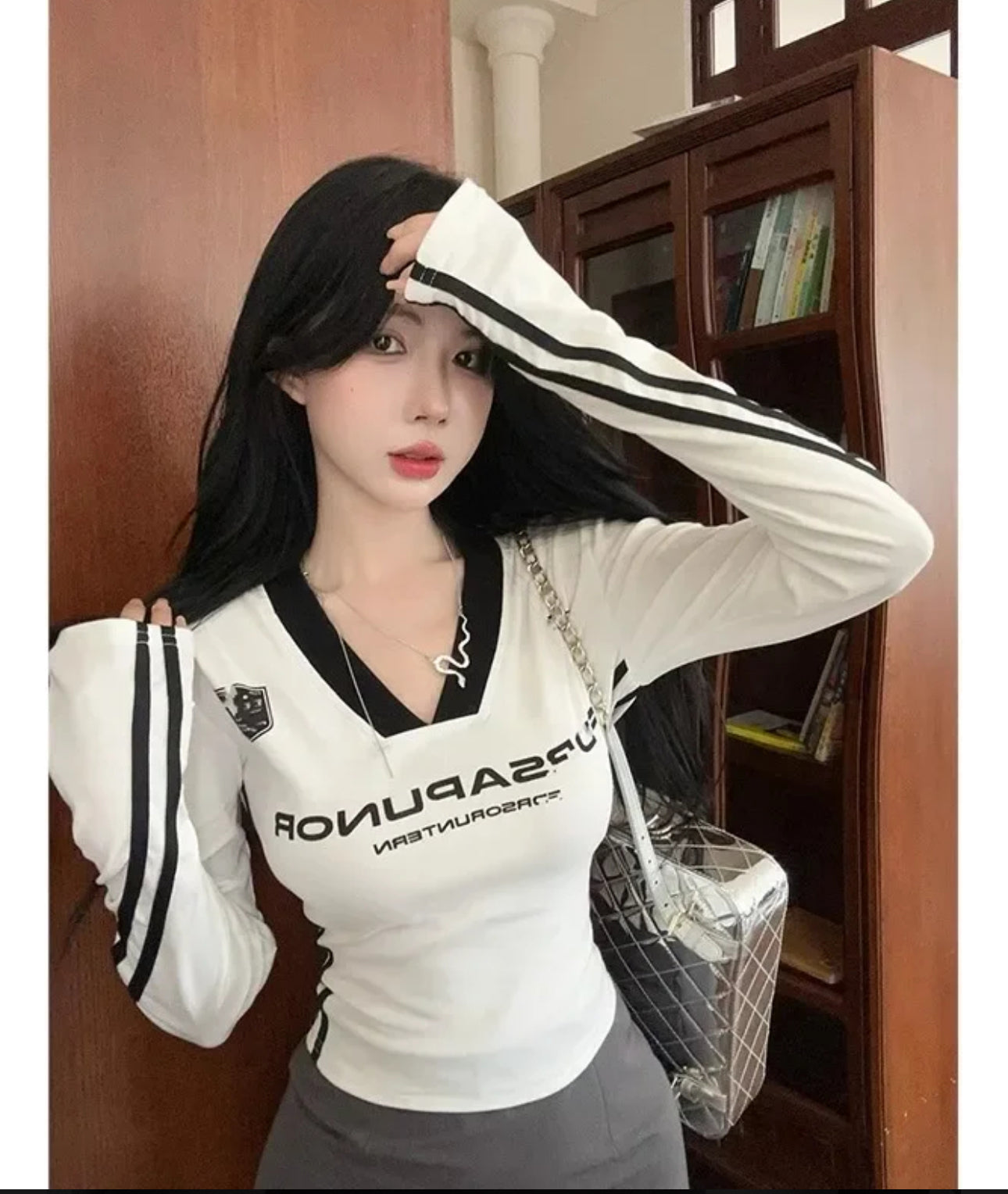 (🌍 INTERNACIONAL COMERCIO) Camiseta De Poliéster De Manga Larga Con Cuello En V Para Mujer