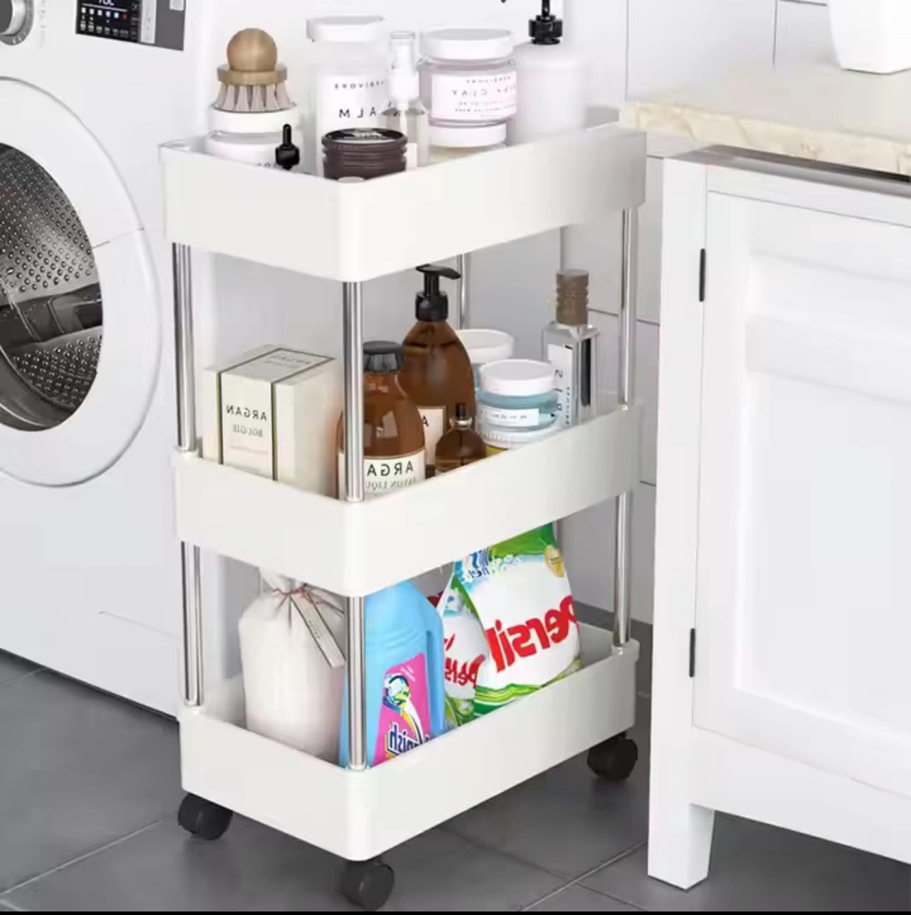 El carrito de almacenamiento multifuncional de tres capas es de tamaño extra grande y es adecuado para almacenar alimentos en la cocina, artículos de tocador en el baño, botellas en la sala de estar, macetas en el balcón y juguetes en el dormitorio, etc