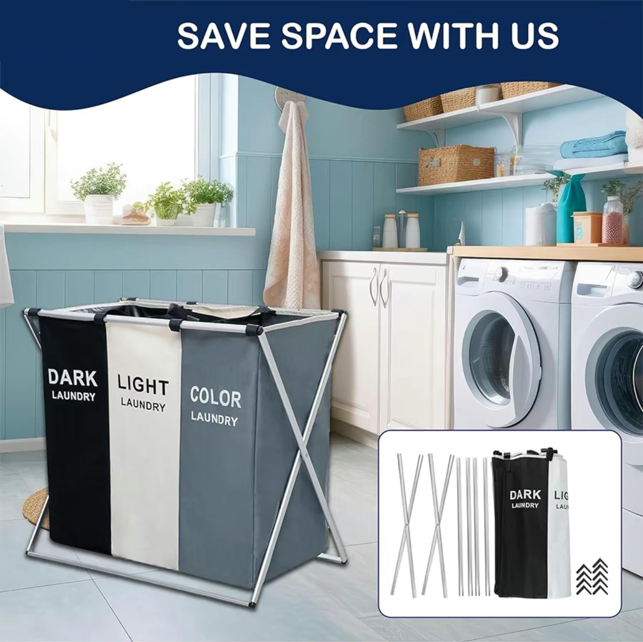 Canasta de Ropa Sucia de 3 Secciones - Cesto
Plegable Grande para Ropa - Organizador con Marco de Aluminio para Clasificar Ropa Sucia