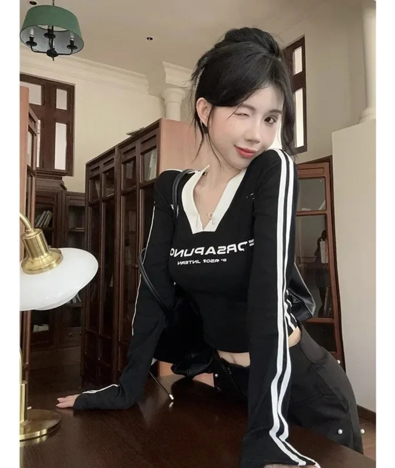 (🌍 INTERNACIONAL COMERCIO) Camiseta De Poliéster De Manga Larga Con Cuello En V Para Mujer
