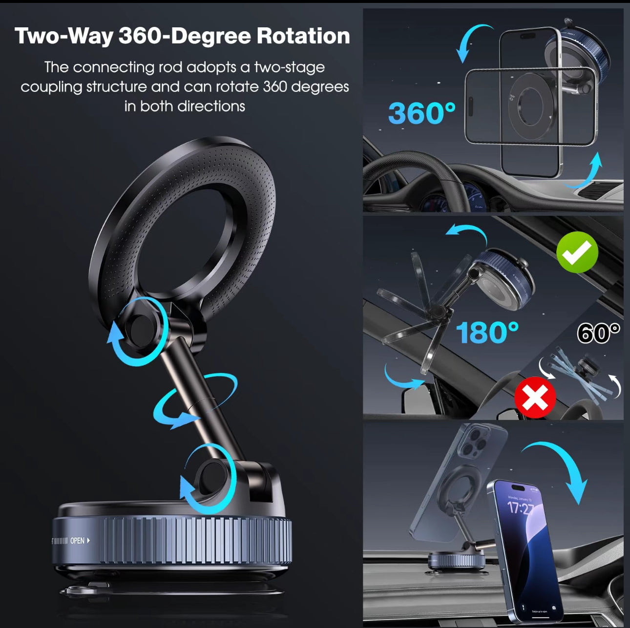 Soporte magnético de succión al aspiradora, Envío de placa magnética anular plegable y retráctil manos libres con ventosa para coche, gimnasio, espejo, superficie lisa, compatible con iPhone Android y todos los teléfonos