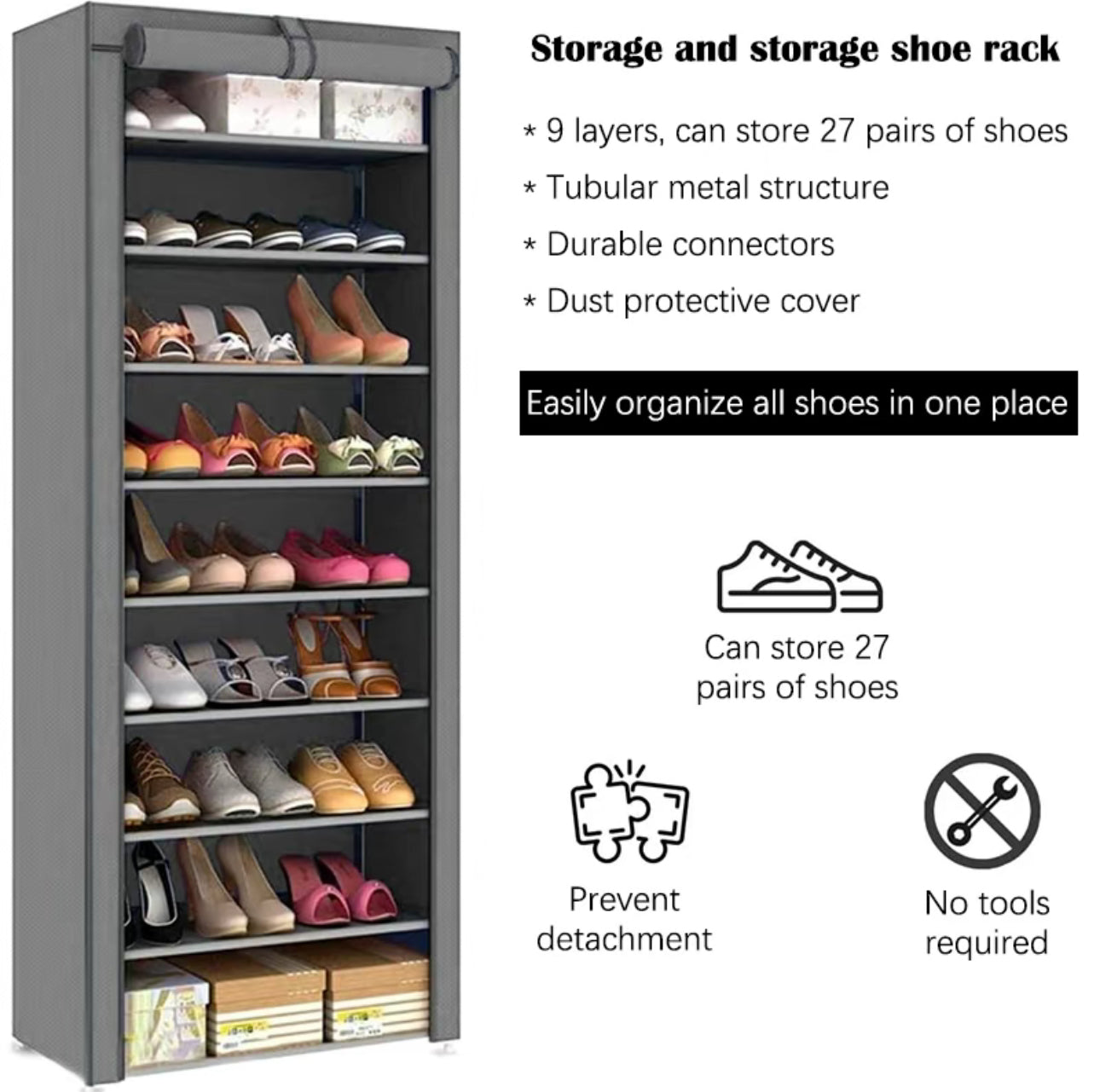 Zapatero de metal de 9 capas con cubierta antipolvo, caja de almacenamiento de zapatos no tejido de gran capacidad que ahorra espacio, adecuado para el almacenamiento de zapatos en el hogar y el dormitorio, fácil de monta