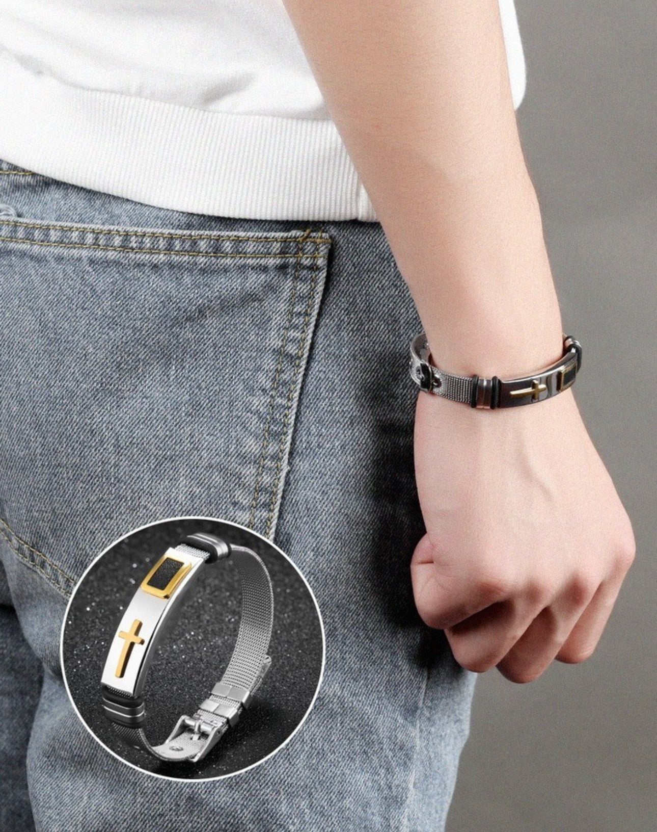 Pulsera Brazalete Acero Inoxidable Hombre Cruz Malla Inglesa