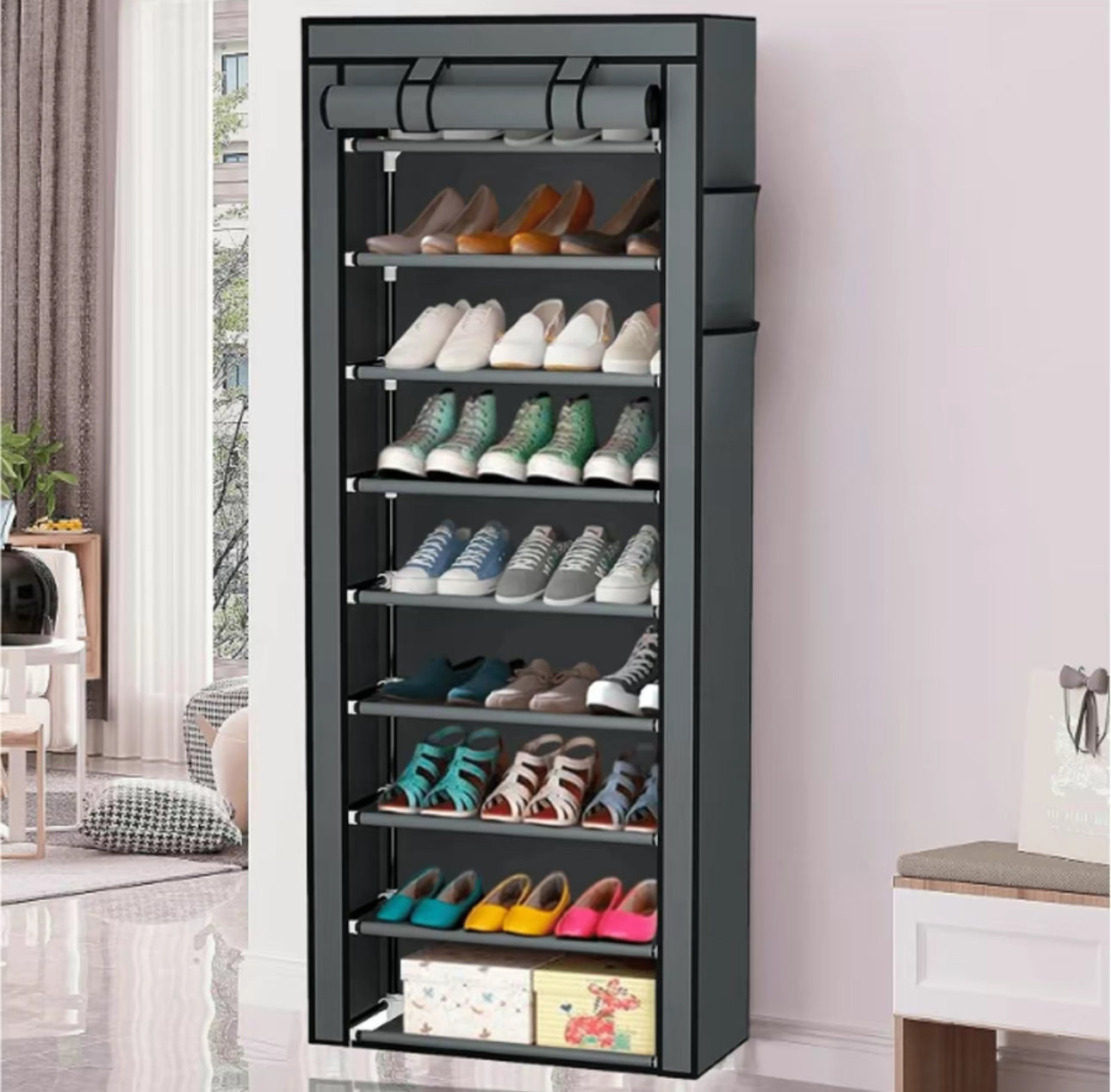 Zapatero de metal de 9 capas con cubierta antipolvo, caja de almacenamiento de zapatos no tejido de gran capacidad que ahorra espacio, adecuado para el almacenamiento de zapatos en el hogar y el dormitorio, fácil de monta