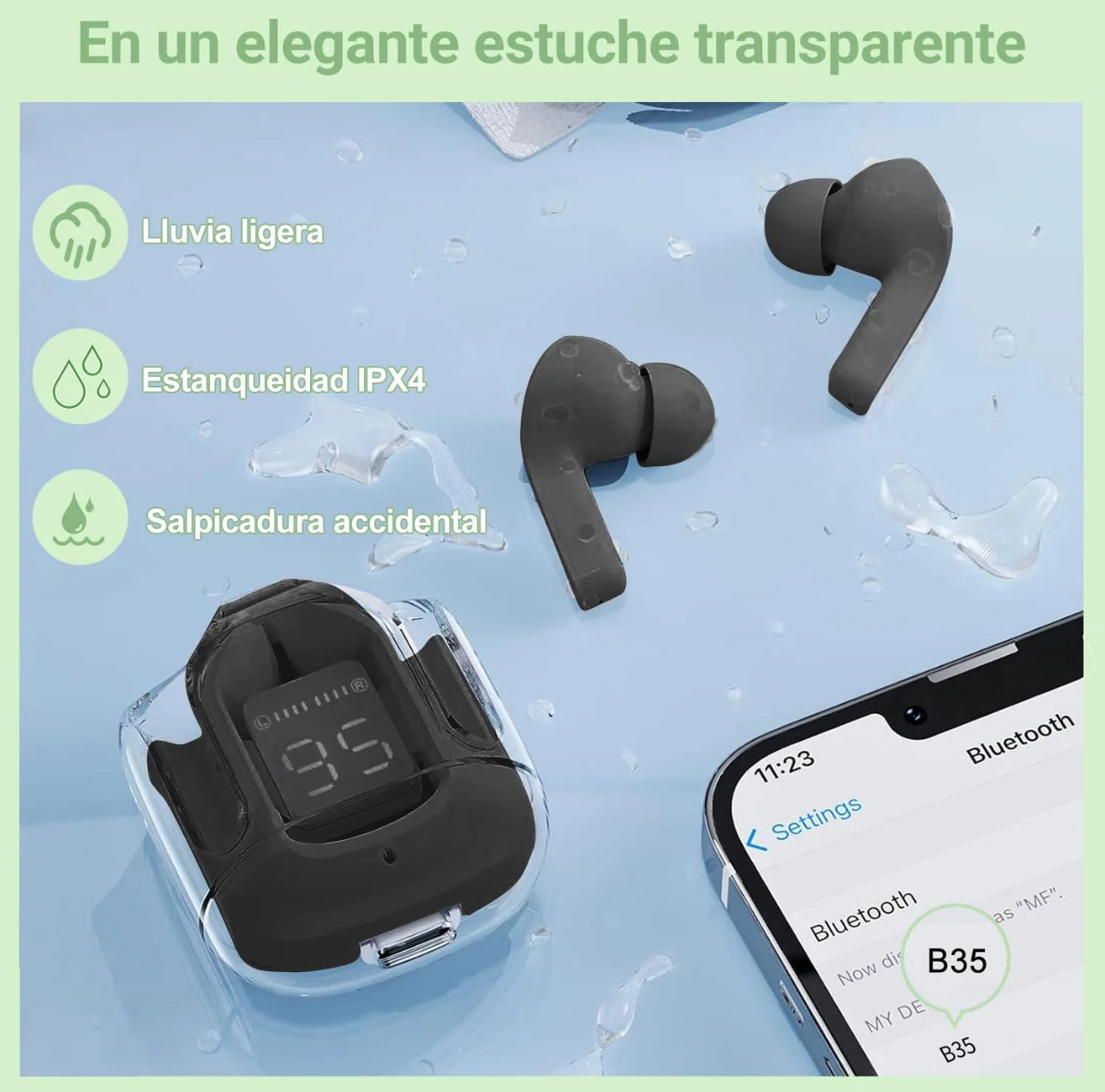 Auriculares Bluetooth inalámbricos, mini auriculares Bluetooth, auriculares intrauditivos, IPX4 resistente al agua y a las salpicaduras, con estuche de carga y LED digital, iOS y Android