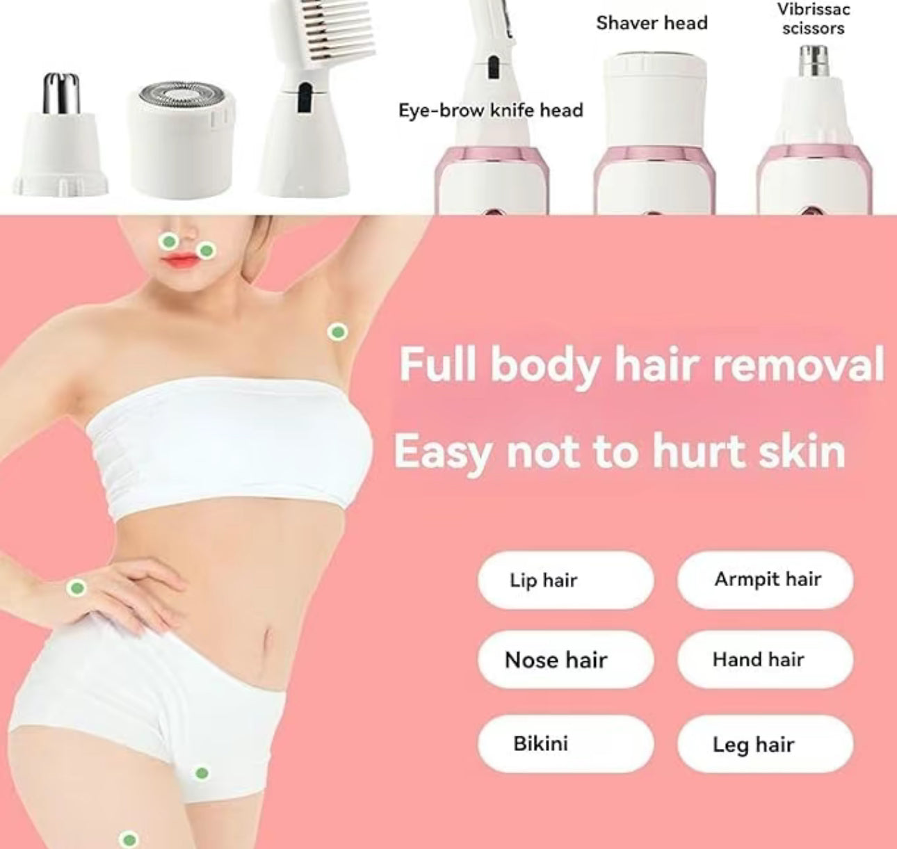 Depiladora eléctrica 4 en 1 para mujer con conexión inalámbrica USB: Afeita fácilmente el rostro, las axilas y la línea del bikini (rosa)