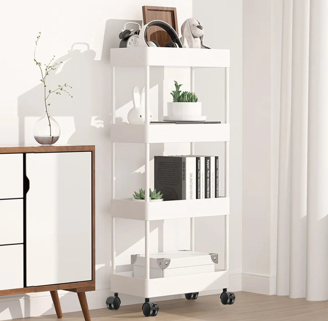 Estante de almacenamiento con ruedas de cuatro capas para cocina, dormitorio, sala de estar, juguetes para refrigerios, baño, inodoro