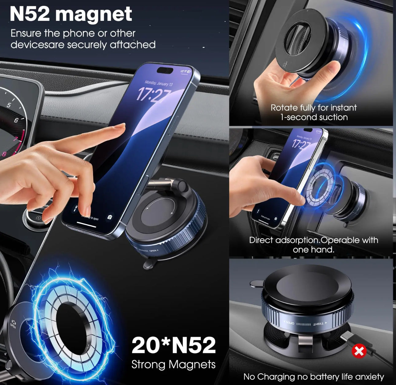 Soporte magnético de succión al aspiradora, Envío de placa magnética anular plegable y retráctil manos libres con ventosa para coche, gimnasio, espejo, superficie lisa, compatible con iPhone Android y todos los teléfonos