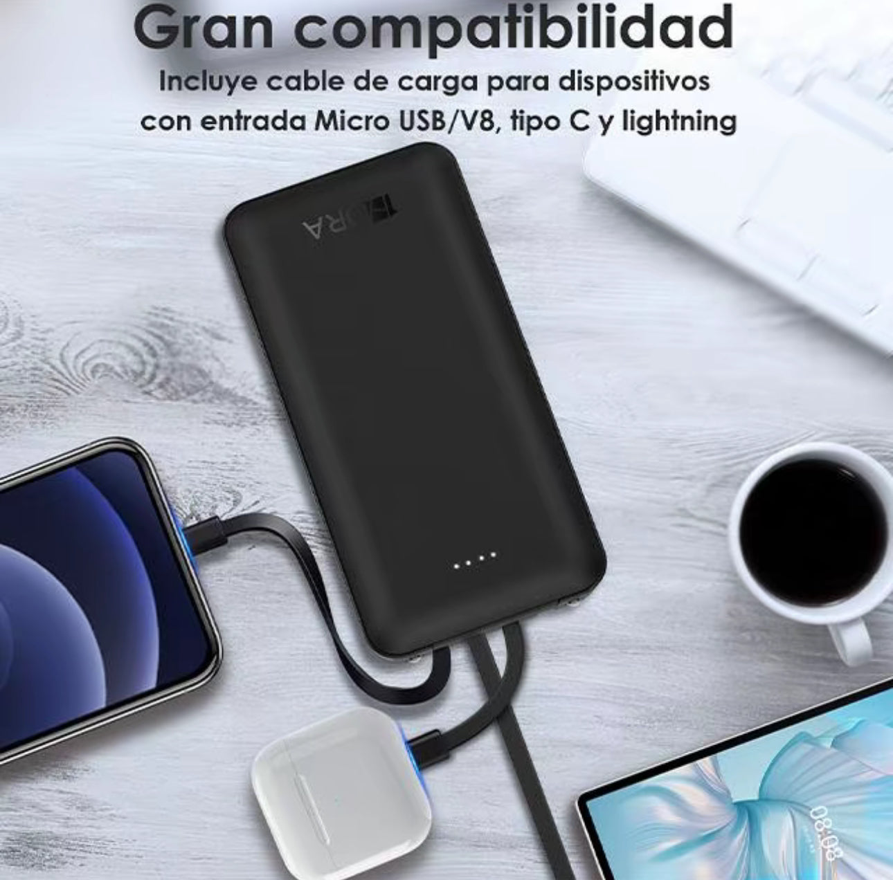 1HORA Power Bank 20000mah Batería Portátil
Con 4 Cables Con Pantalla DigitalGAR159