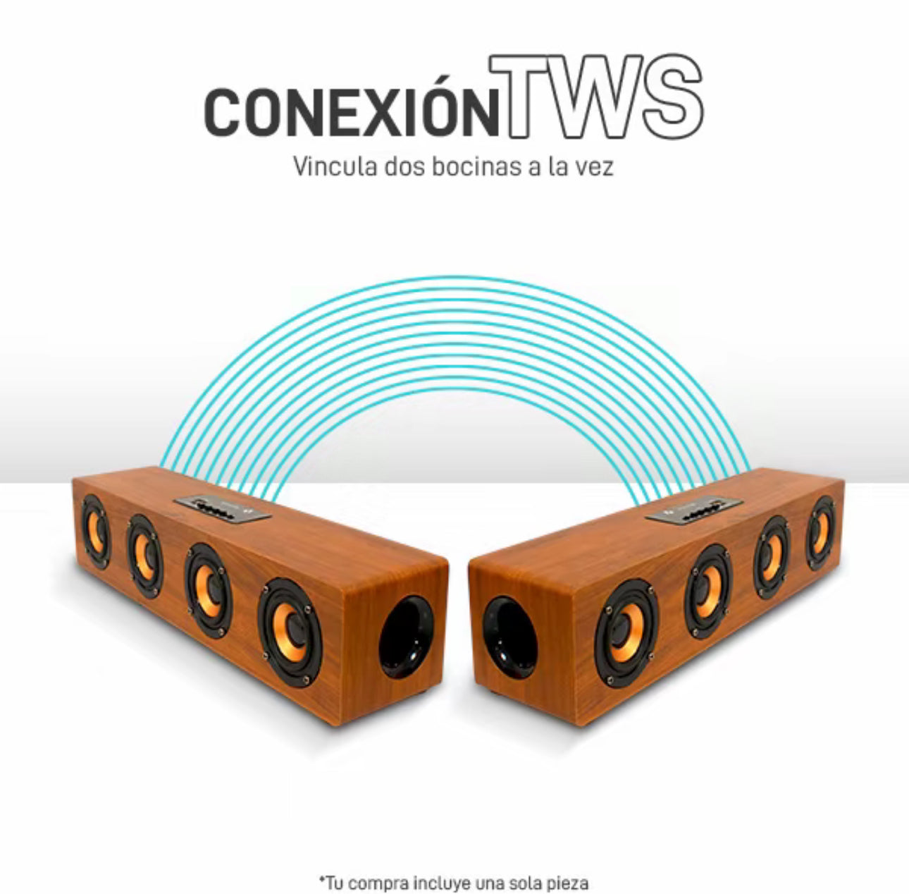 Barra de Sonido Bluetooth de Madera, Conexión
TWS: vincula dos bocinas fácilmente KTS-1108