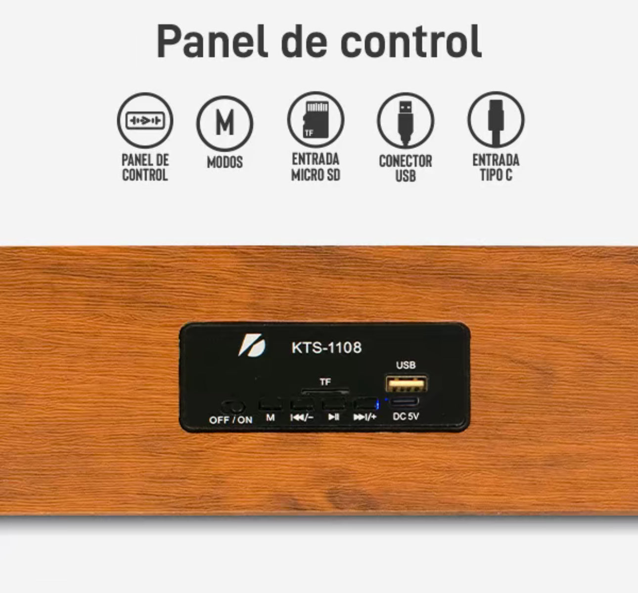 Barra de Sonido Bluetooth de Madera, Conexión
TWS: vincula dos bocinas fácilmente KTS-1108