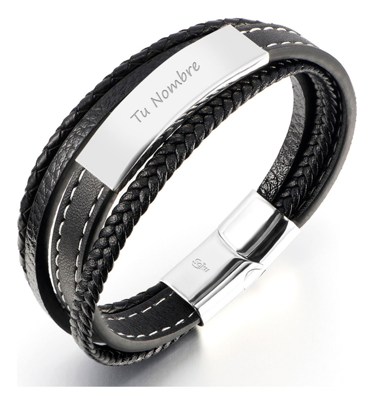 Soku Pulsera Personalizada Piel Acero Inoxidable Titanio Color Negro Diámetro 21 cm Largo 21 cm
