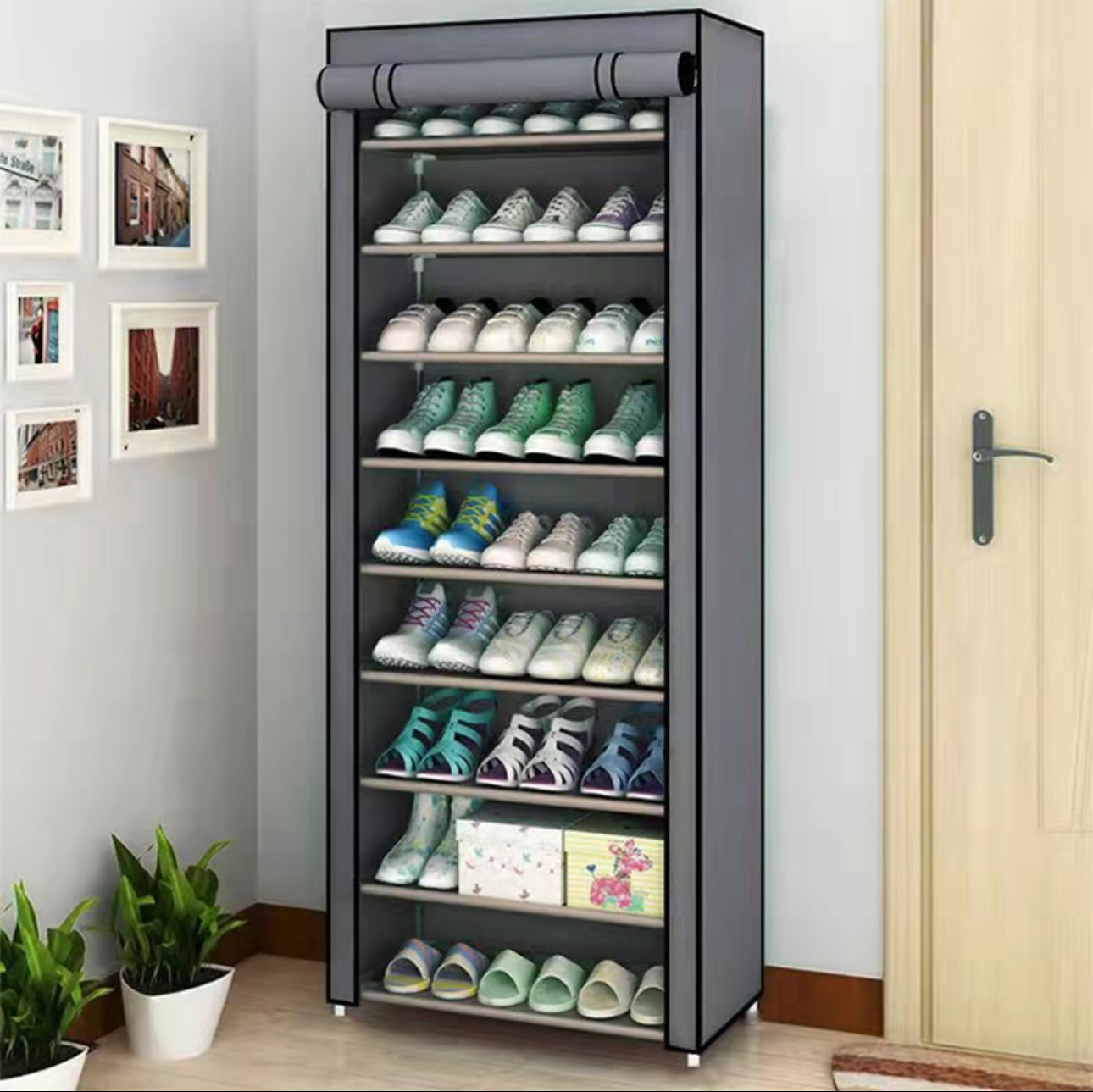 Zapatero de metal de 9 capas con cubierta antipolvo, caja de almacenamiento de zapatos no tejido de gran capacidad que ahorra espacio, adecuado para el almacenamiento de zapatos en el hogar y el dormitorio, fácil de monta
