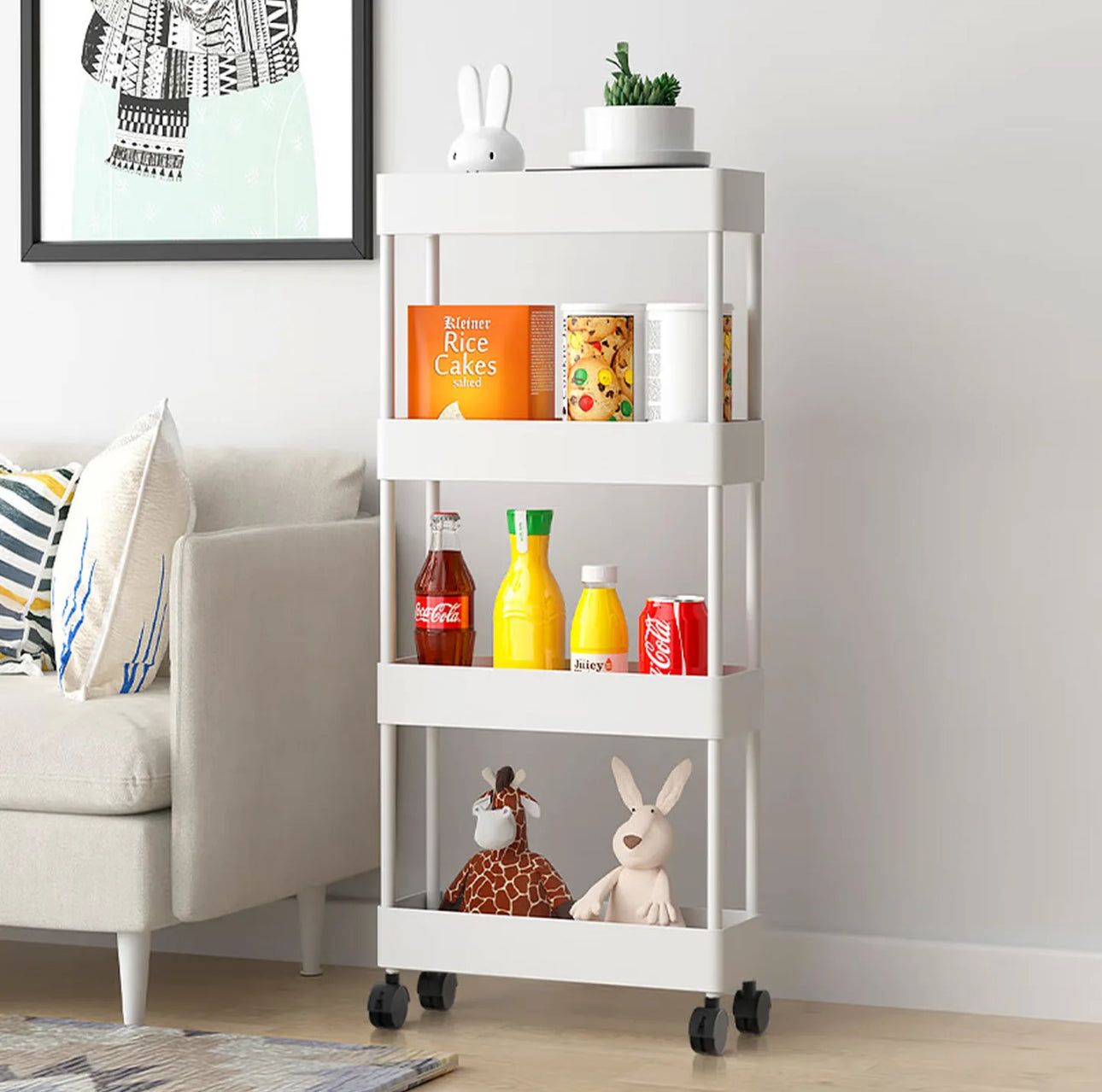 Estante de almacenamiento con ruedas de cuatro capas para cocina, dormitorio, sala de estar, juguetes para refrigerios, baño, inodoro