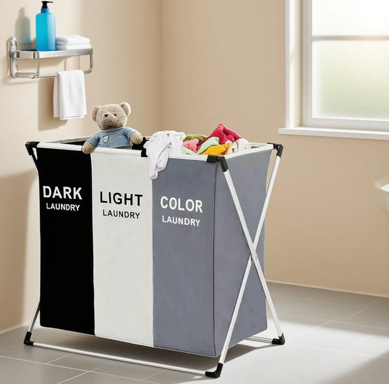 Canasta de Ropa Sucia de 3 Secciones - Cesto
Plegable Grande para Ropa - Organizador con Marco de Aluminio para Clasificar Ropa Sucia