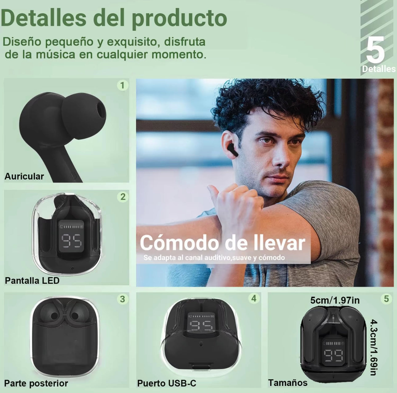 Auriculares Bluetooth inalámbricos, mini auriculares Bluetooth, auriculares intrauditivos, IPX4 resistente al agua y a las salpicaduras, con estuche de carga y LED digital, iOS y Android