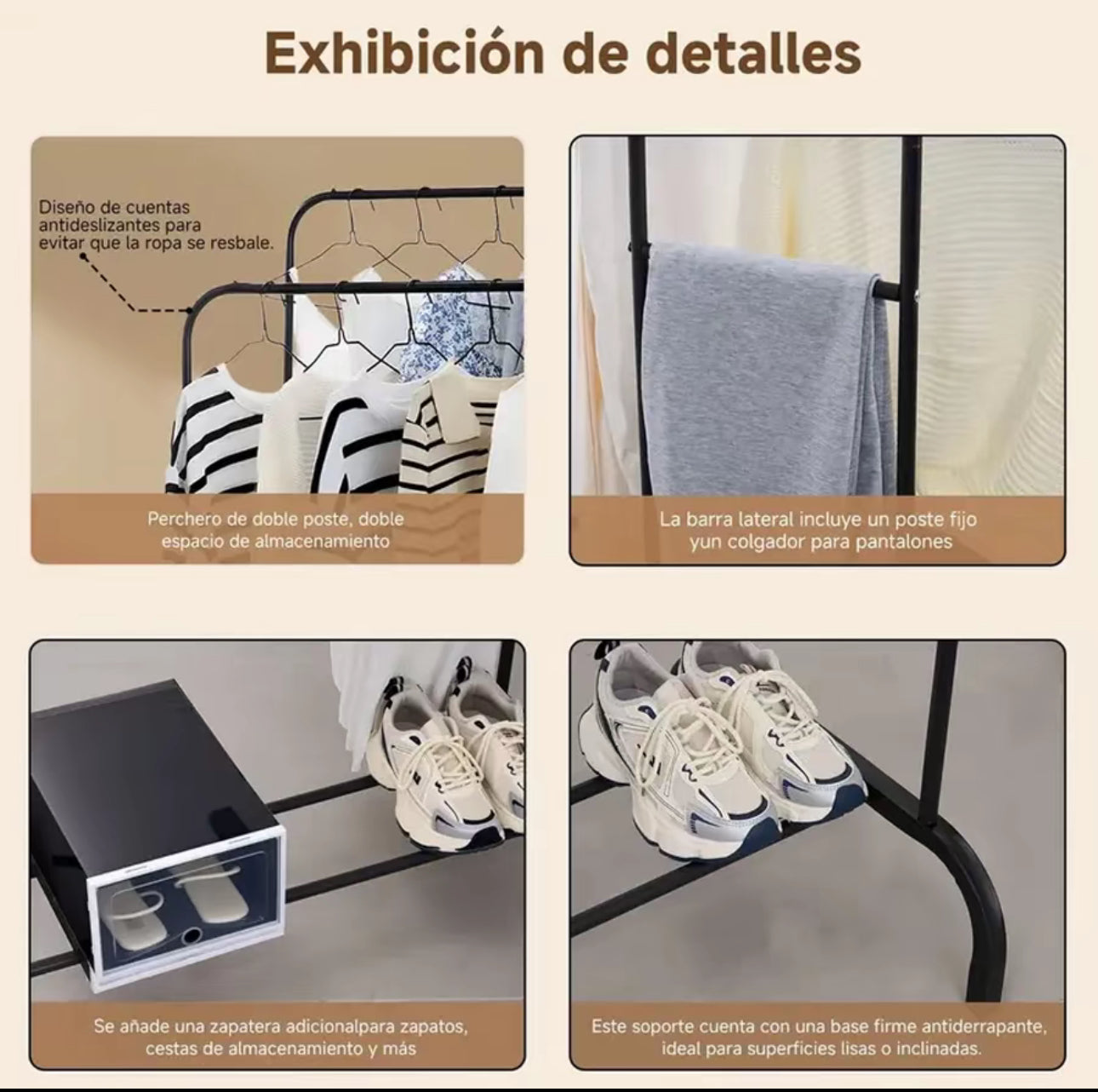 Percha de suelo para ropa, tendedero de doble poste, alto y bajo, para almacenamiento, zapatero, para el hogar, dormitorio, tendedero