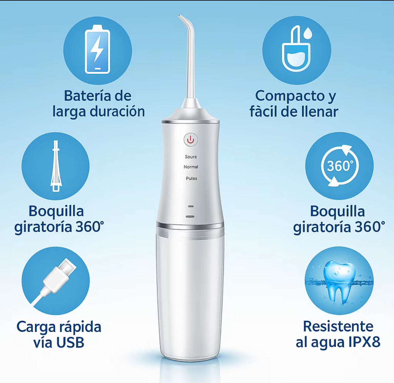 Irrigador bucal eléctrico inalámbrico, recargable e impermeable. Irrigador bucal portatil para la limpieza dental. Irrigador bucal inalámbrico con 3 modos y 4 puntas para viajes y uso doméstico.