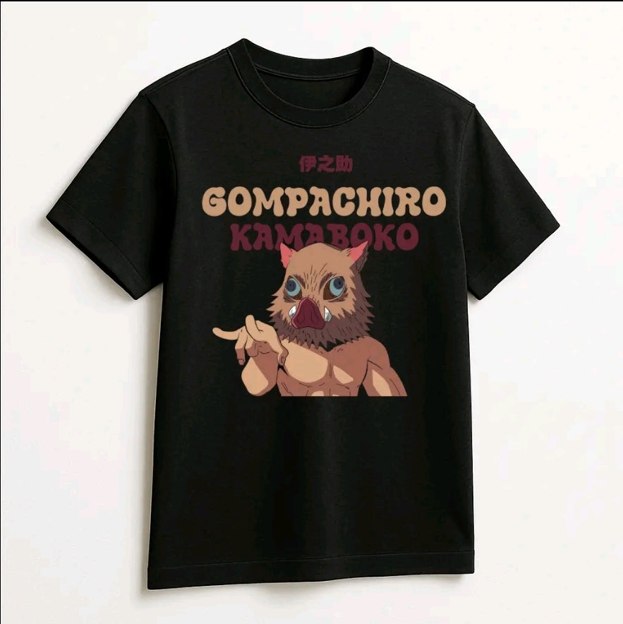 Playera Unisex Negra Inosuke gompachiro I Camiseta holgada Estampada de anime, Ropa Urbana Streetwear, 100% Agodón, Manga Corta