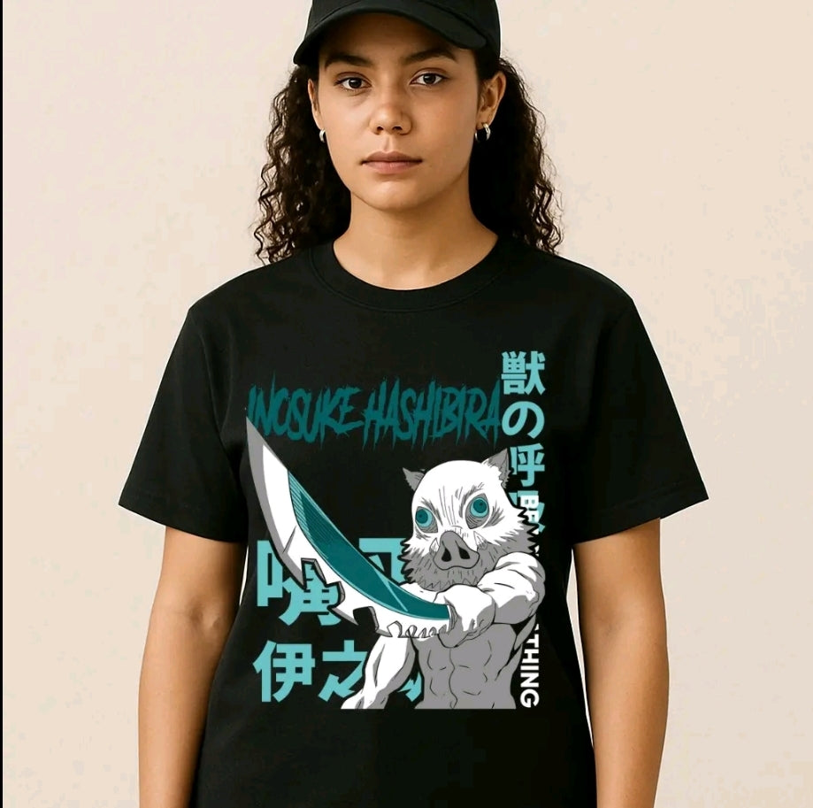 Plavera Unisex Negra lsonuke Hashibira | Camiseta holgada Estampada de anime, Ropa Urbana Streetwear, 100% Agodón, Manga Corta