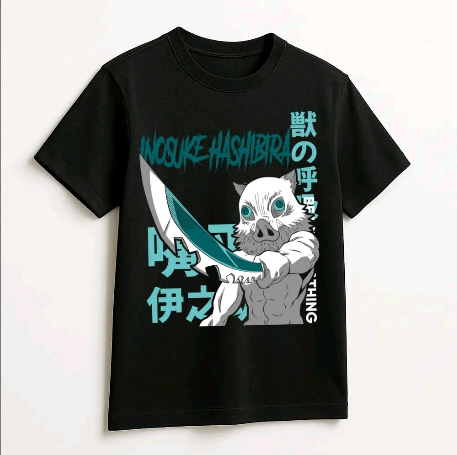 Plavera Unisex Negra lsonuke Hashibira | Camiseta holgada Estampada de anime, Ropa Urbana Streetwear, 100% Agodón, Manga Corta