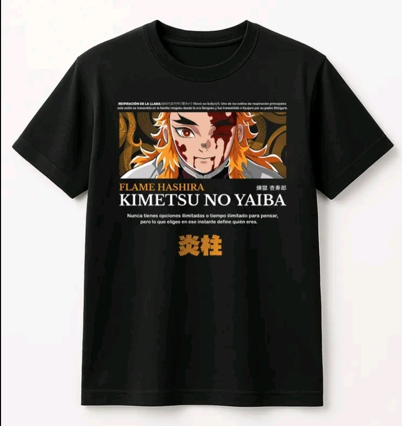 Playera Unisex Negra Rengoku | Camiseta holgada Estampada de anime, Ropa Urbana Streetwear, 100% Algodón, Manga. Corta